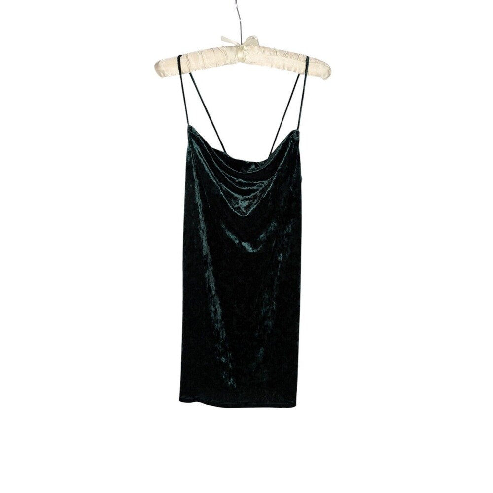 Topshop Dress 8 Women's Green Velvet Cowl Neck Spaghetti Strap Tie Back Mini